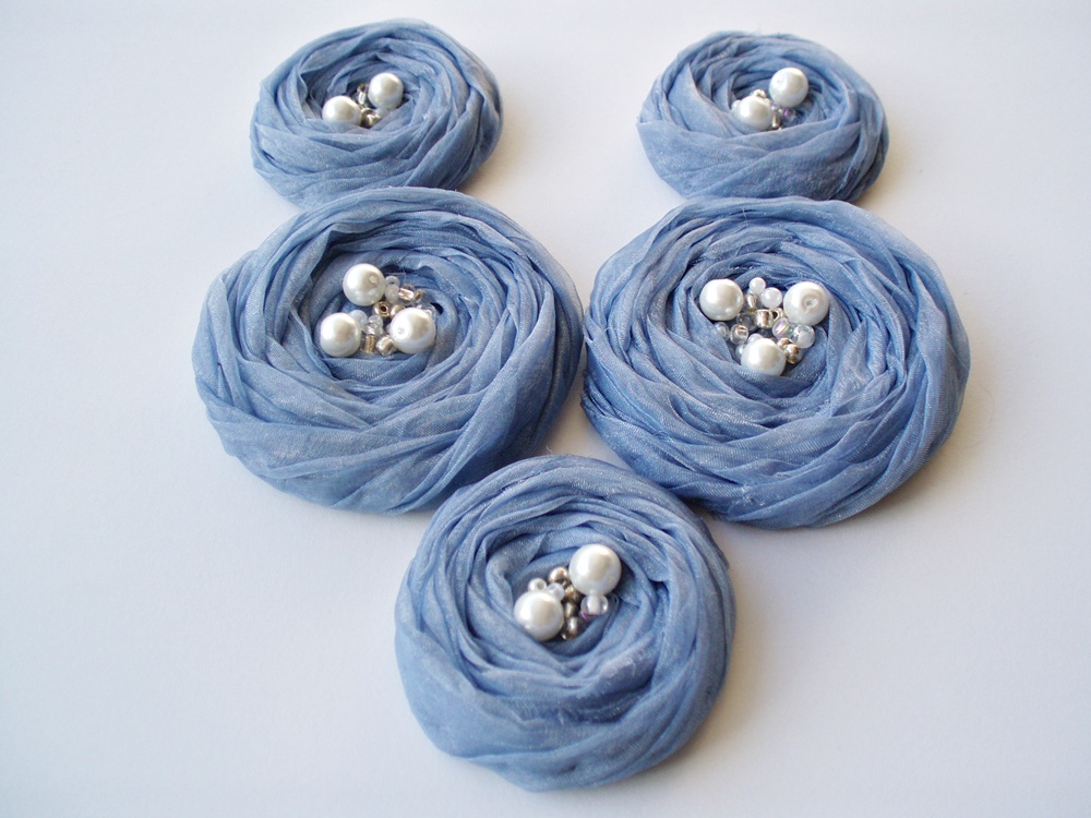 Blue Chiffon Roses Handmade Appliques Embellishments(5 Pcs)