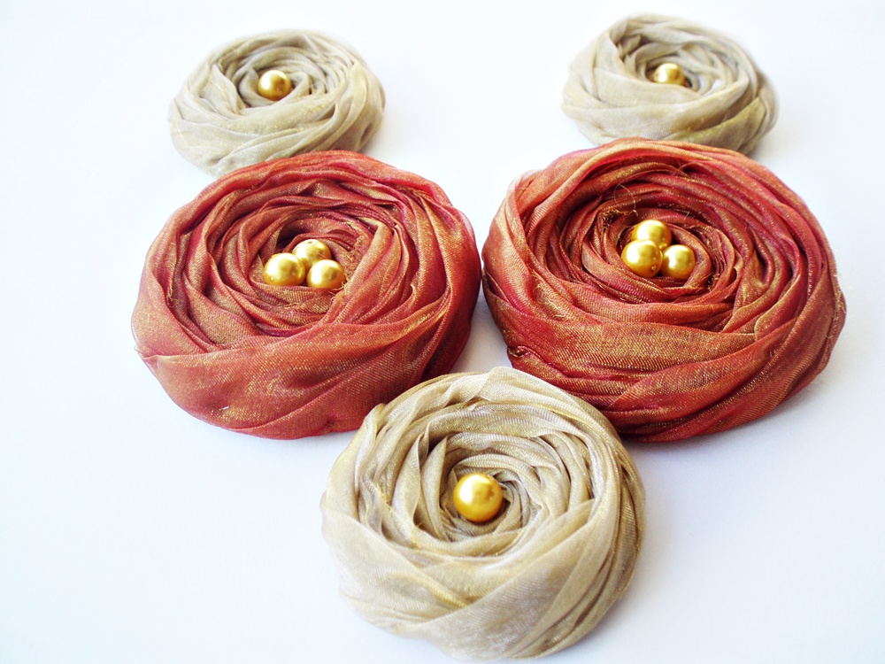 Fall Collection "mustard & Brown" Chiffon Roses Handmade Appliques Embellishments(5 Pcs)
