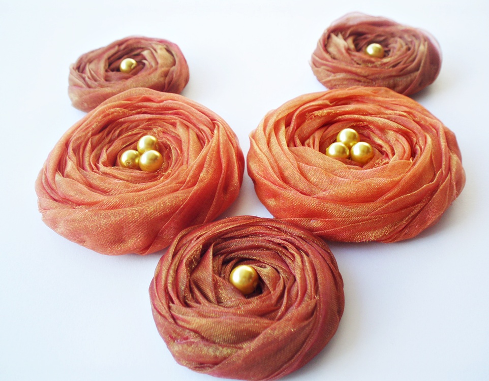 Fall Collection "brown & Orange" Chiffon Roses Handmade Appliques Embellishments(5 Pcs)