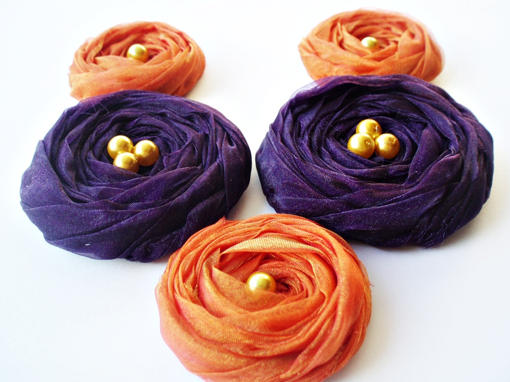 Fall Collection "orange & Purple" Chiffon Roses Handmade Appliques Embellishments(5 Pcs)