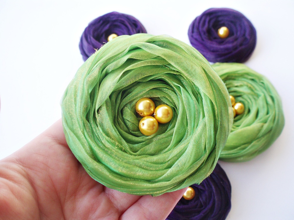 Fall Collection "purple & Green" Chiffon Roses Handmade Appliques Embellishments(5 Pcs)