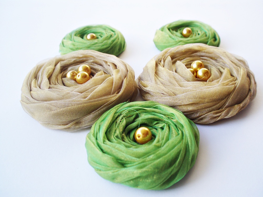 Fall Collection "green & Mustard" Chiffon Roses Handmade Appliques Embellishments(5 Pcs)